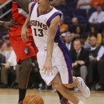 Phoenix Suns' Steve Nash drives against the Portland Trailblazers during the second half of an NBA basketball game, Monday, April 16, 2012, in Phoenix. (AP Photo/Matt York)