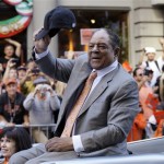 Former San Francisco Giants great Willie Mays waves from the back of a car as he rides in the Giants World Series ticker-tape parade through downtown San Francisco, Wednesday, Nov. 3, 2010. The Giants defeated the Texas Rangers in five games for their first championship since the team moved west from New York 52 years ago. (AP Photo/Jeff Chiu)