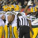 Green Bay Packers running back Eddie Lacy, front right, celebrates a touchdown with teammates during the second half of an NFL football game against the New York Giants, Sunday, Nov. 17, 2013, in East Rutherford, N.J. (AP Photo/Bill Kostroun)