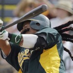 Oakland Athletics' Manny Ramirez strikes out swinging during the fourth inning of a spring training baseball game against the Los Angeles Angels on Monday, March 5, 2012, in Phoenix. (AP Photo/Darron Cummings)