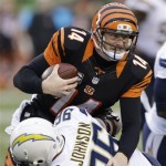  Cincinnati Bengals quarterback Andy Dalton (14) is tackled by San Diego Chargers linebacker Jarret Johnson in the second half of an NFL wild-card playoff football game on Sunday, Jan. 5, 2014, in Cincinnati. (AP Photo/Al Behrman)