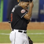 Miami Marlins starting pitcher Carlos Zambrano reacts while behind in the count in the third inning during a baseball game against the Arizona Diamondbacks in Miami, Friday, April 27, 2012. (AP Photo/Lynne Sladky)