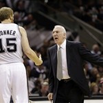 San Antonio Spurs head coach Gregg Popovich talks to forward Matt Bonner (15) during the first half at Game 3 of the NBA Finals basketball series against the Miami Heat, Tuesday, June 11, 2013, in San Antonio. (AP Photo/Eric Gay)