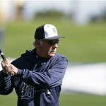 Detroit Tigers manager Jim Leyland hits the ball during warmups before a baseball spring training exhibition game against the Toronto Blue Jays, Wednesday, March 6, 2013, in Lakeland, Fla. (AP Photo/Charlie Neibergall)