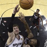 San Antonio Spurs' Tiago Splitter (22), of Brazil, shoots over Miami Heat's Udonis Haslem during the second half of Game 4 of the NBA Finals basketball series, Thursday, June 13, 2013, in San Antonio. (AP Photo/Derick E. Hingle, Pool)