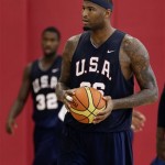 DeMarcus Cousins of the Sacramento Kings looks to pass the ball during a USA Basketball mini camp scrimmage, Monday, July 22, 2013, in Las Vegas. Twenty-eight of the best young players in the country are in Las Vegas for four days of workouts that essentially mark the kickoff of 2016 Olympic preparations. (AP Photo/Julie Jacobson)