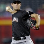 Miami Marlins pitcher Jacob Turner delivers a pitch against the Arizona Diamondbacks during the first inning of a baseball game, the first of a doubleheader, Wednesday, Aug. 22, 2012, in Phoenix. (AP Photo/Matt York)