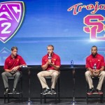 Southern California quarterback Matt Barkley, 
center, responds to a question alongside head 
coach Lane Kiffin, left, and safety T.J. 
McDonals during the Pac-12 NCAA college 
football media day, Tuesday, July 24, 2012, in 
Los Angeles. (AP Photo/Damian Dovarganes)