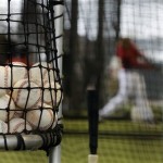 A basket of baseballs are seen as Arizona Diamondbacks players take batting practice in a cage during a spring training baseball workout Wednesday, Feb. 20, 2013 in Scottsdale, Ariz. (AP Photo/Darron Cummings)