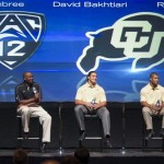 Colorado football head coach Jon Embree, left, 
offensive tackle David Bakhtiari , center, and 
free safety Ray Polk take questions at the Pac-
12 Media Day in Los Angeles Tuesday, July 24, 
2012. (AP Photo/Damian Dovarganes)