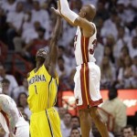 Miami Heat's Ray Allen (34) shoots over Indiana Pacers shooting guard Lance Stephenson (1) during the first half of Game 7 in their NBA basketball Eastern Conference finals playoff series, Monday, June 3, 2013 in Miami. (AP Photo/Lynne Sladky)