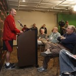 Arizona Diamondbacks manager Kirk Gibson, left, addresses the media a day before pitchers and catchers have their first MLB spring training baseball practice at the Diamondbacks training facility, Thursday, Feb. 6, 2014, in Scottsdale, Ariz. (AP Photo/Ross D. Franklin)