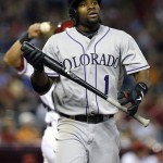 Colorado Rockies' Eric Young Jr. walks to the dugout after striking out against the Arizona Diamondbacks during the third inning of a baseball game, Thursday, April 25, 2013, in Phoenix. (AP Photo/Matt York)