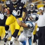  Pittsburgh Steelers running back Baron Batch (20) tries to get away from Carolina Panthers linebacker Jordan Senn in the third quarter of their NFL preseason football game on Thursday, Aug. 30, 2012, in Pittsburgh. (AP Photo/Don Wright)