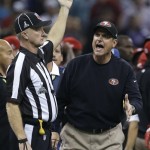 San Francisco 49ers head coach Jim Harbaugh reacts to a call during the second half of the NFL Super Bowl XLVII football game against the Baltimore Ravens, Sunday, Feb. 3, 2013, in New Orleans. (AP Photo/Mark Humphrey)
