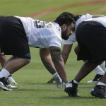Carolina Panthers' Star Lotulelei lines up for a drill during an NFL football rookie camp in Charlotte, N.C., Saturday, May 11, 2013. (AP Photo/Chuck Burton)
