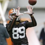 Cleveland Browns wide receiver Dominique Croom catches a pass during NFL football rookie minicamp at the team's training facility Saturday, May 11, 2013, in Berea, Ohio. (AP Photo/Tony Dejak)
