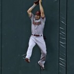 Arizona Diamondbacks centerfielder Adam Eaton leaps high against the wall to make a catch on a third-inning fly ball by Tampa Bay Rays' Evan Longoria during an interleague baseball game Tuesday, July 30, 2013, in St. Petersburg, Fla. (AP Photo/Chris O'Meara)