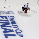 Chicago Blackhawks goalie Corey Crawford skates during warm-ups before Game 3 of the NHL hockey Stanley Cup Finals against the Boston Bruins in Boston, Monday, June 17, 2013. (AP Photo/Charles Krupa)