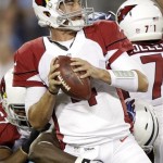 Arizona Cardinals quarterback Kevin Kolb (4) is sacked by Tennessee Titans defensive end Kamerion Wimbley for a six-yard loss in the second quarter of an NFL football preseason game on Thursday, Aug. 23, 2012, in Nashville, Tenn. (AP Photo/Wade Payne)