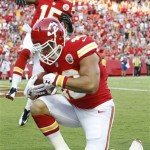 Kansas City Chiefs running back Peyton Hillis (40) celebrates a touchdown with wide receiver Steve Breaston (15) during the first half an NFL pre-season football game against the Arizona Cardinals in Kansas City, Mo., Friday, Aug. 10, 2012. (AP Photo/Colin E. Braley)