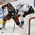 Anaheim Ducks' Francois Beauchemin (23) battles Phoenix Coyotes' Raffi Torres (37) for the puck during the second period of an NHL hockey game, Monday, March 4, 2013, in Glendale, Ariz. (AP Photo/Matt York)