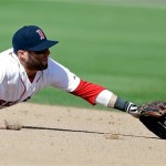 Boston Red Sox's Dustin Pedroia dives for a single hit by New York Yankees' Eduardo Nunez, to score Corban Joseph, in the sixth inning of an exhibition spring training baseball game on Sunday, March 3, 2013, in Fort Myers, Fla. (AP Photo/David Goldman)