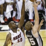 San Antonio Spurs power forward Matt Bonner (15) shoots against Miami Heat center Joel Anthony (50) during the first half of Game 1 of basketball's NBA Finals, Thursday, June 6, 2013 in Miami. (AP Photo/Wilfredo Lee)