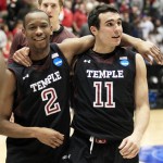 Temple guard Will Cummings (2) and guard T.J. DiLeo (11) walk off court after they defeated North Carolina State 76-72 in a second-round game at the NCAA college basketball tournament, Friday, March 22, 2013, in Dayton, Ohio. (AP Photo/Skip Peterson)