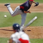 Minnesota Twins starter Jason Marquis delivers to Boston Red Sox batter Jacoby Ellsbury during the first inning of a spring training baseball game in Fort Myers, Fla., Monday, March 19, 2012. (AP Photo/Charles Krupa)