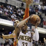 Indiana Pacers' Danny Granger (33) shoots against Phoenix Suns' Grant Hill during the second half of an NBA basketball game, Friday, March 23, 2012, in Indianapolis. Phoenix won 113-111. (AP Photo/Darron Cummings)