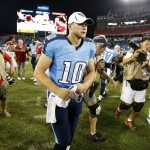 Tennessee Titans quarterback Jake Locker (10) leaves the field after the Titans beat the Arizona Cardinals 32-27 in an NFL football preseason game on Thursday, Aug. 23, 2012, in Nashville, Tenn. Locker threw for 134 yards and two touchdowns in his home debut as the Titans' starting quarterback. (AP Photo/Joe Howell)