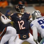 Chicago Bears quarterback Josh McCown (12) fires a pass against the Dallas Cowboysduring the second half of an NFL football game, Monday, Dec. 9, 2013, in Chicago. (AP Photo/Charles Rex Arbogast)