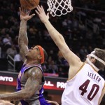 Phoenix Suns' Shannon Brown (26) jumps to the basket against Cleveland Cavaliers' Tyler Zeller (40) during the third quarter in an NBA basketball game Tuesday, Nov. 27, 2012, in Cleveland. The Suns won 91-78. (AP Photo/Tony Dejak)