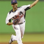 United States' Gio Gonzalez delivers a pitch during a World Baseball Classic game against Puerto Rico at Marlins Park on Tuesday, March 12, 2013, in Miami. The United States defeated Puerto Rico 7-1. (AP Photo/Mike Ehrmann,Pool)