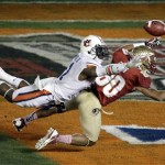  Auburn's Chris Davis is called for pass interference on a ball intended for Florida State's Rashad Greene during the second half of the NCAA BCS National Championship college football game Monday, Jan. 6, 2014, in Pasadena, Calif. (AP Photo/Gregory Bull)