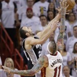The San Antonio Spurs' Manu Ginobili (20) shoots against the Miami Heat's Chris Andersen (11) during the second half in Game 7 of the NBA basketball championships, Thursday, June 20, 2013, in Miami. (AP Photo/Lynne Sladky)