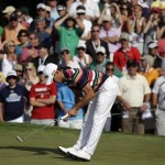 Billy Horschel reacts to a missed putt on the eighth hole during the third round of the U.S. Open golf tournament at Merion Golf Club, Saturday, June 15, 2013, in Ardmore, Pa. (AP Photo/Gene J. Puskar)

