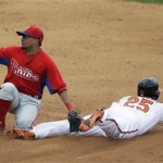 Baltimore Orioles' Trayvon Robinson (25) steals second base as the throw gets past Philadelphia Phillies shortstop Freddy Galvis, left, during the fifth inning of a baseball spring training exhibition game on Sunday, March 3, 2013, in Sarasota, Fla. (AP Photo/Charlie Neibergall)