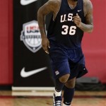 DeMarcus Cousins of the Sacramento Kings gets back on defense during a USA Basketball mini camp scrimmage, Monday, July 22, 2013, in Las Vegas. Twenty-eight of the best young players in the country are in Las Vegas for four days of workouts that essentially mark the kickoff of 2016 Olympic preparations. (AP Photo/Julie Jacobson)