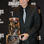 St. Louis Blues general manager Doug Armstrong poses with his award for general manager of the year, during the NHL Awards, Wednesday, June 20, 2012, in Las Vegas. (AP Photo/Julie Jacobson)