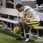 Green Bay Packers wide receiver Myles White (19) sits on the bench during the fourth quarter of an NFL football game against the Detroit Lions at Ford Field in Detroit, Thursday, Nov. 28, 2013. The Lions won 40-10. (AP Photo/Duane Burleson)