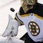 Boston Bruins goalie Tuukka Rask (40) blocks a shot in the third period of Game 2 of the NHL hockey Stanley Cup Eastern Conference finals against the Pittsburgh Penguins in Pittsburgh, Monday, June 3, 2013. The Bruins won 6-1. (AP Photo/Gene J. Puskar)