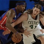 Team Webber's Kelly Olynyk of the Boston Celtics (41) and Team Hill's Andre Drummond of the Detroit Pistons (0) vie for a loose ball during the Rising Star NBA All Star Challenge Basketball game, Friday, Feb. 14, 2014, in New Orleans. (AP Photo/Gerald Herbert)