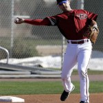 Arizona Diamondbacks' Martin Prado throws during a spring training baseball workout on Friday, Feb. 15, 2013, in Scottsdale, Ariz. (AP Photo/Darron Cummings)