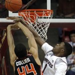 Oregon State's Devon Collier (44) is fouled by Arizona State's Carrick Felix at the basket during the first half of an NCAA college basketball game Saturday, Jan. 14, 2012, in Tempe, Ariz.(AP Photo/Ross D. Franklin)