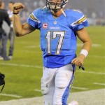 San Diego Chargers quarterback Philip Rivers pumps his fist after the Chargers beat the Indianapolis Colts 19-9 in an NFL football game Monday, Oct. 14, 2013, in San Diego. (AP Photo/Denis Poroy)