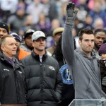  Baltimore Ravens quarterback Joe Flacco, holding his son Stephen, waves to fans during a celebration of the NFL football team's Super Bowl championship at M&T Bank Stadium in Baltimore Tuesday, Feb. 5, 2013. The Ravens defeated the San Francisco 49ers 34-31 in Super Bowl XLVII on Sunday. (AP Photo/Steve Ruark)