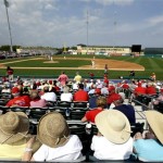 Spectators watch an exhibition spring training baseball game between the Houston Astros and the St. Louis Cardinals in Jupiter, Fla., Monday, Feb. 25, 2013. (AP Photo/Julio Cortez)