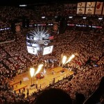 Pyrotechnics are displayed during a time out in the first half of Game 7 in their NBA basketball Eastern Conference finals playoff series between the Miami Heat and the Indiana Pacers, Monday, June 3, 2013 in Miami. (AP Photo/Wilfredo Lee)